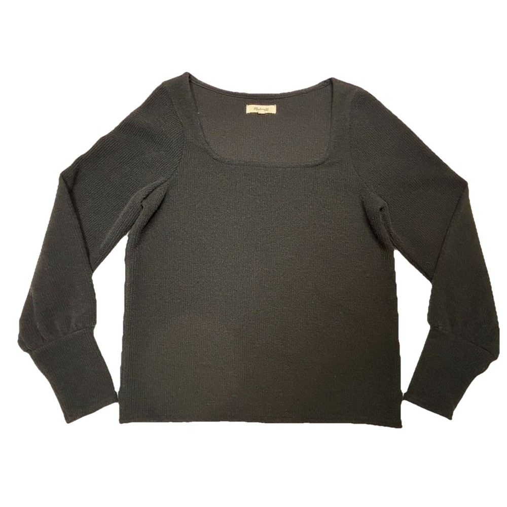 Madewell Womens Square Neck Ribbed Knit Top Long Sleeve Black Size Small‎